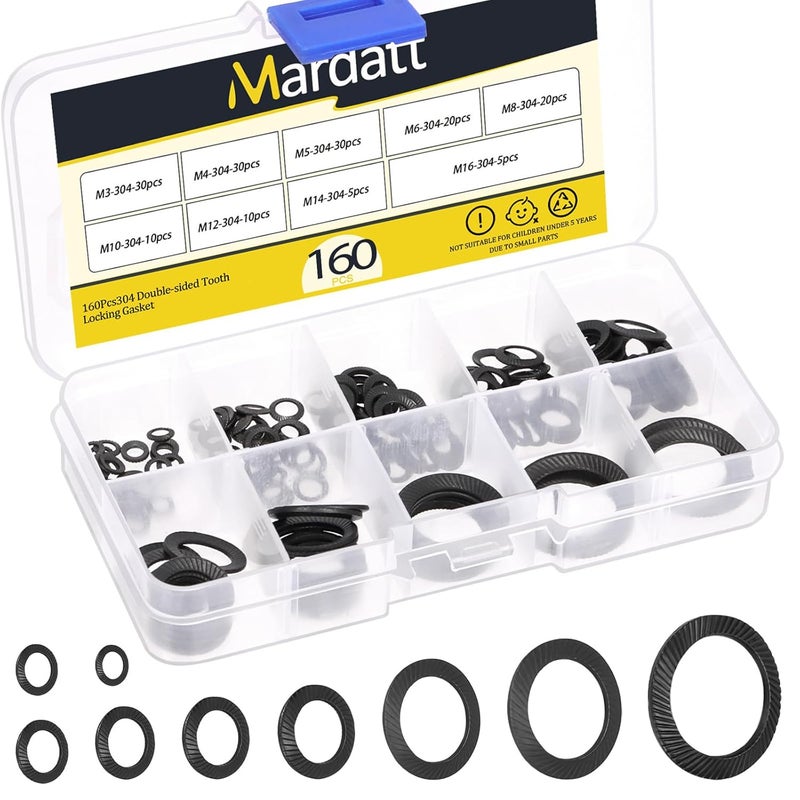 Mardatt 160Pcs M3 M4 M5 M6 M8 M10 M12 M14 M16 Double Side Wedge Locking Washer, Manganese Steel Conical Knurled Spring Washer, Vibration Resistant Safety Washers for Bolts - Image 1